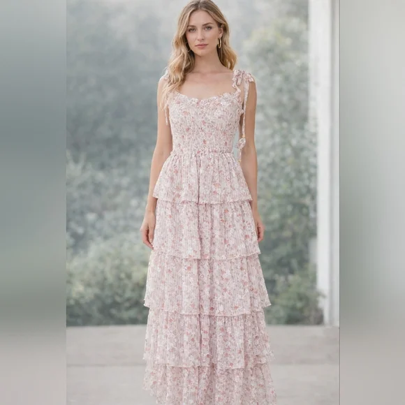 Petal & Pup Pink Floral Layered Midi Dress - Picture 1 of 7